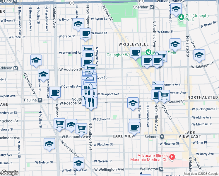 map of restaurants, bars, coffee shops, grocery stores, and more near 3433 North Lakewood Avenue in Chicago