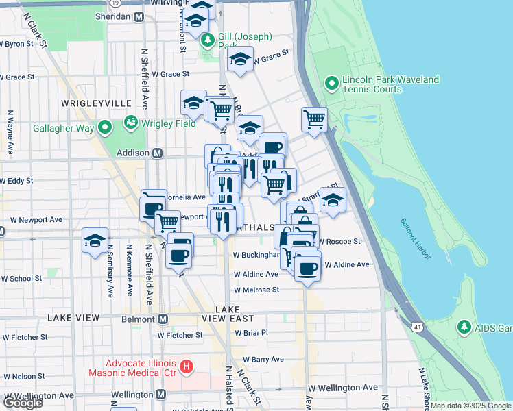 map of restaurants, bars, coffee shops, grocery stores, and more near 3449 North Elaine Place in Chicago