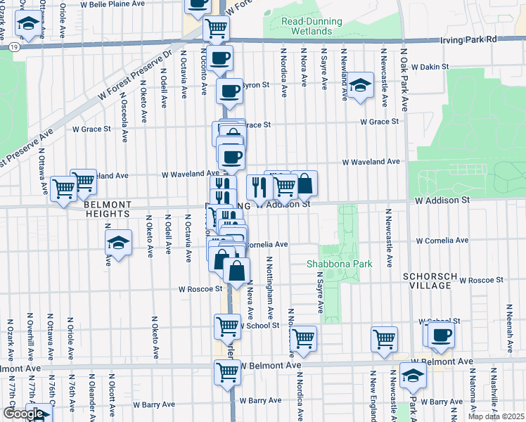 map of restaurants, bars, coffee shops, grocery stores, and more near 3531 North Neva Avenue in Chicago