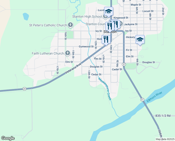 map of restaurants, bars, coffee shops, grocery stores, and more near 1301-1399 Cedar Street in Stanton