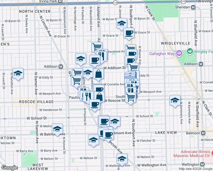 map of restaurants, bars, coffee shops, grocery stores, and more near 3438 North Bosworth Avenue in Chicago