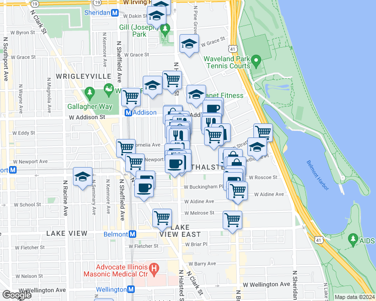 map of restaurants, bars, coffee shops, grocery stores, and more near 737 West Cornelia Avenue in Chicago