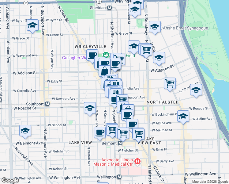 map of restaurants, bars, coffee shops, grocery stores, and more near 3433 North Sheffield Avenue in Chicago