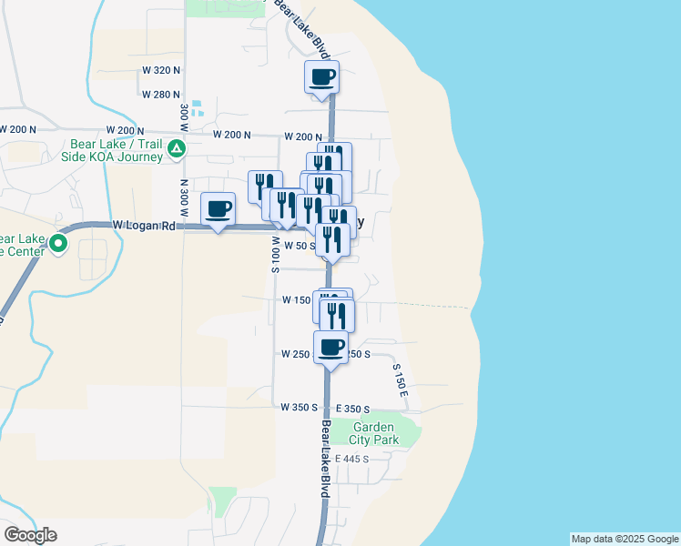 map of restaurants, bars, coffee shops, grocery stores, and more near 122 South Bear Lake Boulevard in Garden City