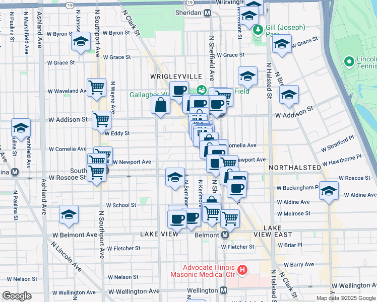 map of restaurants, bars, coffee shops, grocery stores, and more near 1063 West Cornelia Avenue in Chicago