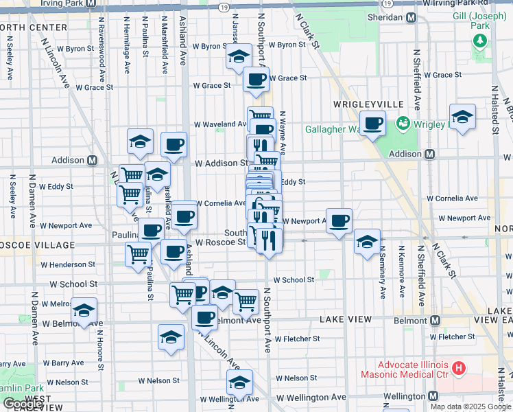 map of restaurants, bars, coffee shops, grocery stores, and more near 1409 West Cornelia Avenue in Chicago