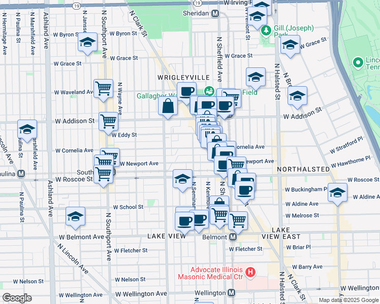 map of restaurants, bars, coffee shops, grocery stores, and more near 1108 West Newport Avenue in Chicago