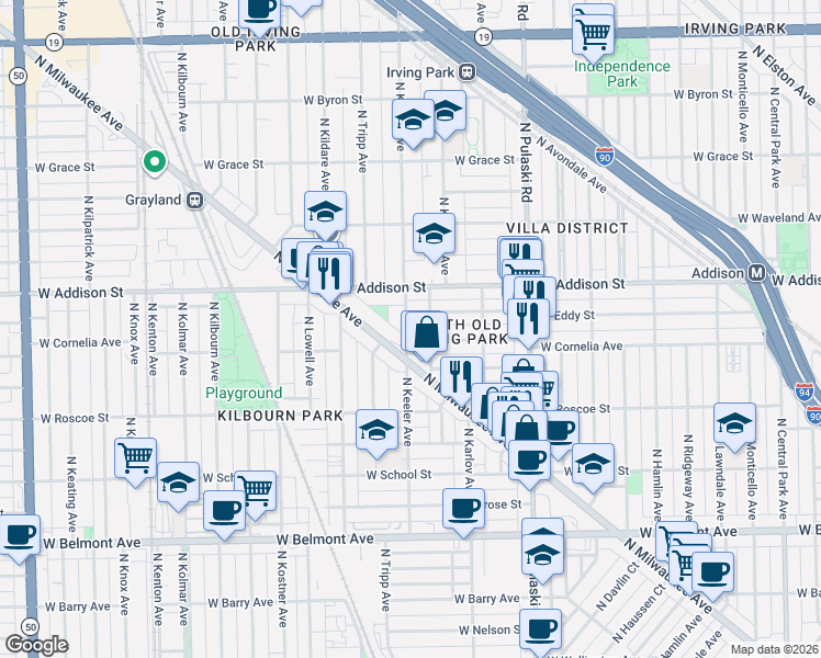 map of restaurants, bars, coffee shops, grocery stores, and more near 4177 West Cornelia Avenue in Chicago