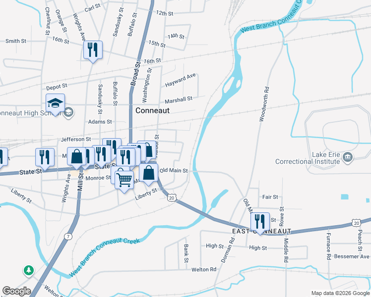 map of restaurants, bars, coffee shops, grocery stores, and more near 248 Park Place in Conneaut