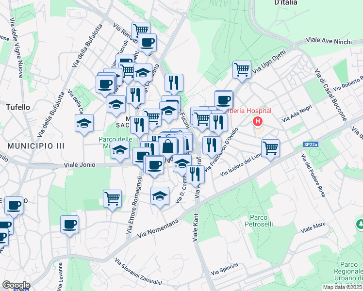 map of restaurants, bars, coffee shops, grocery stores, and more near 91 Via Ugo Ojetti in Rome