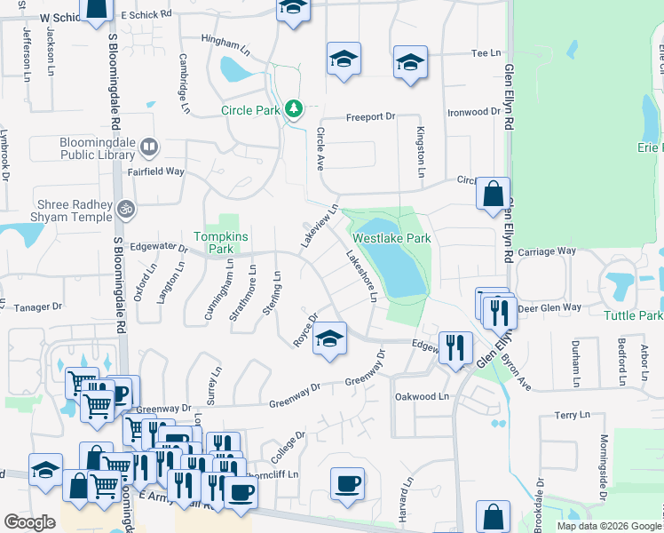 map of restaurants, bars, coffee shops, grocery stores, and more near 242 Edgewater Drive in Bloomingdale