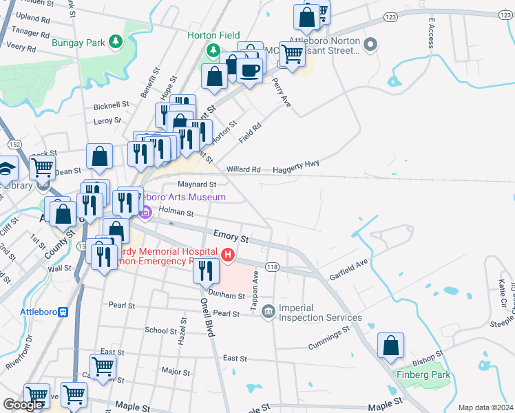 map of restaurants, bars, coffee shops, grocery stores, and more near 80 Holman Street in Attleboro