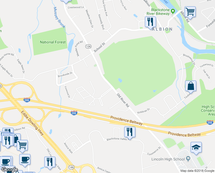 map of restaurants, bars, coffee shops, grocery stores, and more near 192 Old River Road in Lincoln