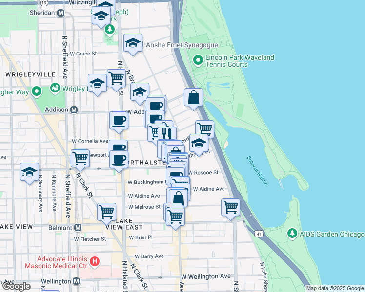 map of restaurants, bars, coffee shops, grocery stores, and more near 558 West Hawthorne Place in Chicago