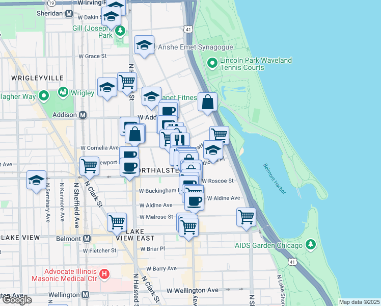 map of restaurants, bars, coffee shops, grocery stores, and more near 588 West Hawthorne Place in Chicago