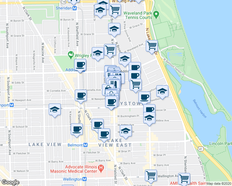 map of restaurants, bars, coffee shops, grocery stores, and more near 801 West Newport Avenue in Chicago