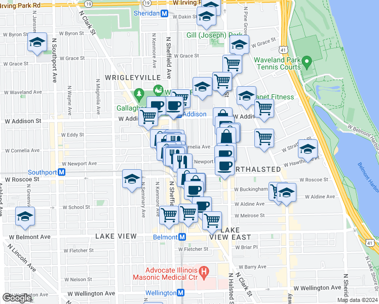 map of restaurants, bars, coffee shops, grocery stores, and more near 914 West Newport Avenue in Chicago