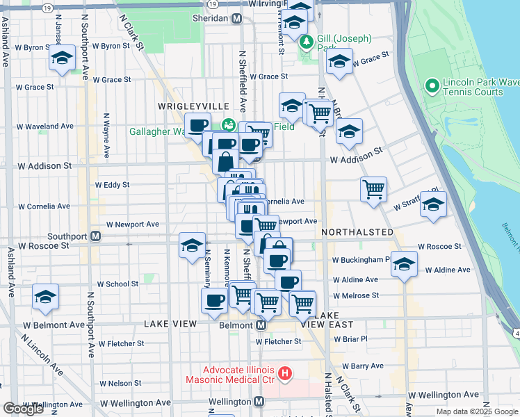 map of restaurants, bars, coffee shops, grocery stores, and more near 3433 North Sheffield Avenue in Chicago