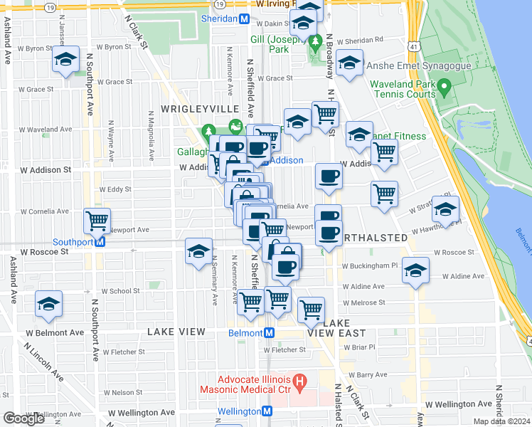 map of restaurants, bars, coffee shops, grocery stores, and more near 3433 North Sheffield Avenue in Chicago