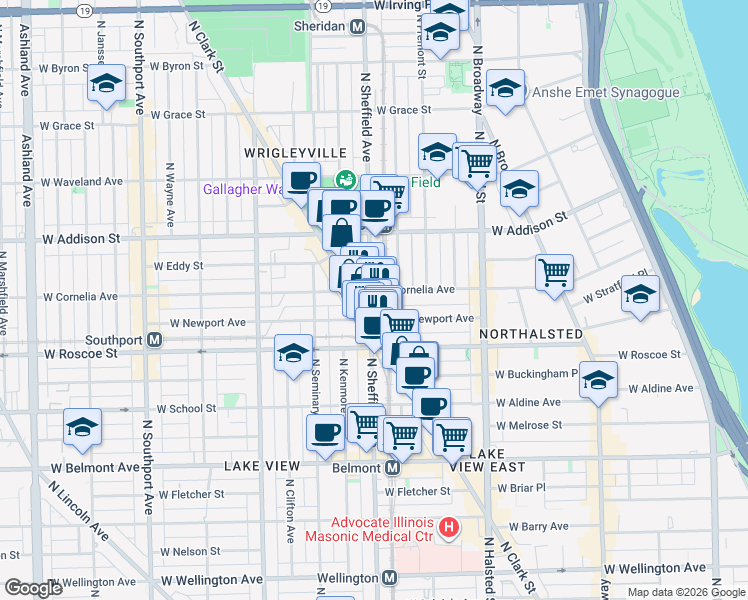 map of restaurants, bars, coffee shops, grocery stores, and more near 3433 North Sheffield Avenue in Chicago