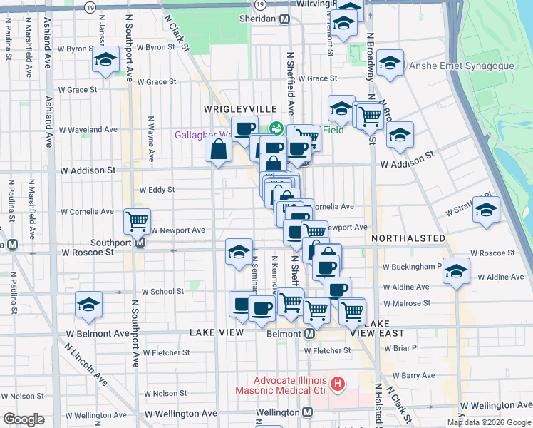 map of restaurants, bars, coffee shops, grocery stores, and more near 1030 West Newport Avenue in Chicago