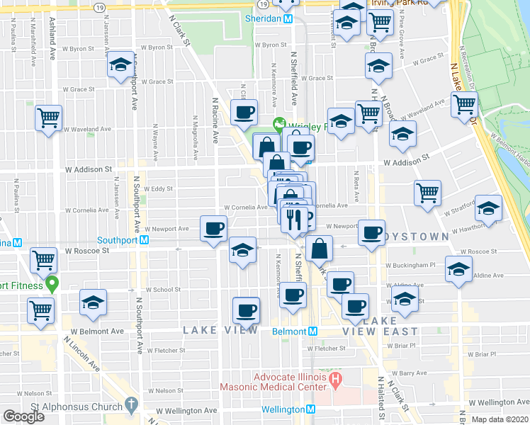 map of restaurants, bars, coffee shops, grocery stores, and more near 1030 West Newport Avenue in Chicago