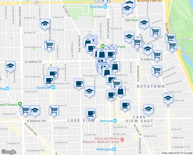 map of restaurants, bars, coffee shops, grocery stores, and more near 1108 West Newport Avenue in Chicago