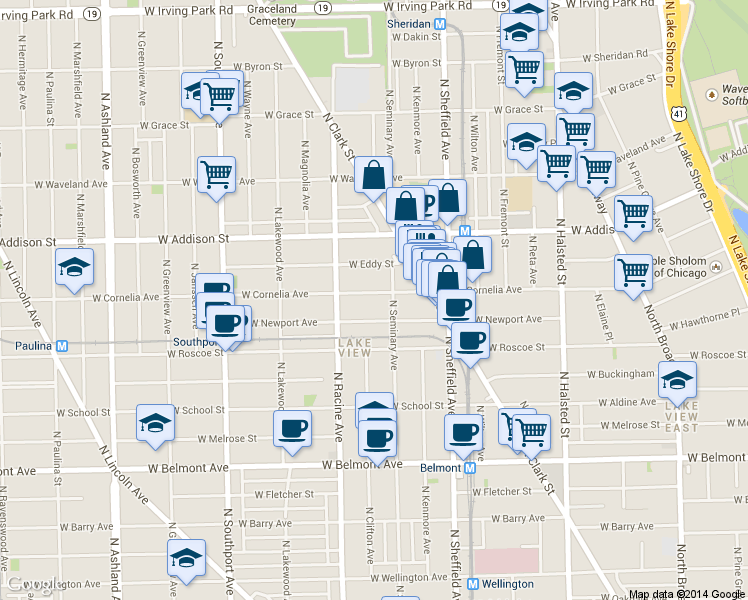 map of restaurants, bars, coffee shops, grocery stores, and more near 1108 West Newport Avenue in Chicago