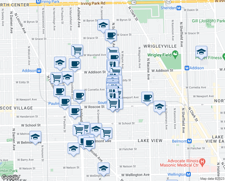 map of restaurants, bars, coffee shops, grocery stores, and more near 3434 North Southport Avenue in Chicago