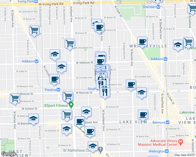 map of restaurants, bars, coffee shops, grocery stores, and more near 3434 North Southport Avenue in Chicago