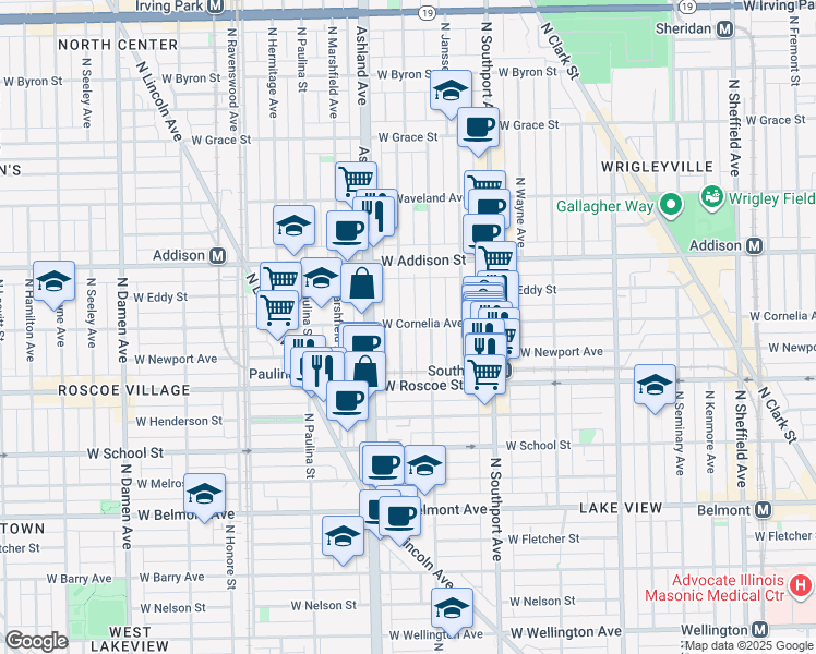 map of restaurants, bars, coffee shops, grocery stores, and more near 3438 North Bosworth Avenue in Chicago