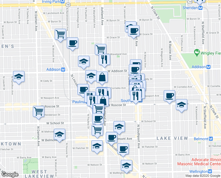 map of restaurants, bars, coffee shops, grocery stores, and more near 3438 North Bosworth Avenue in Chicago