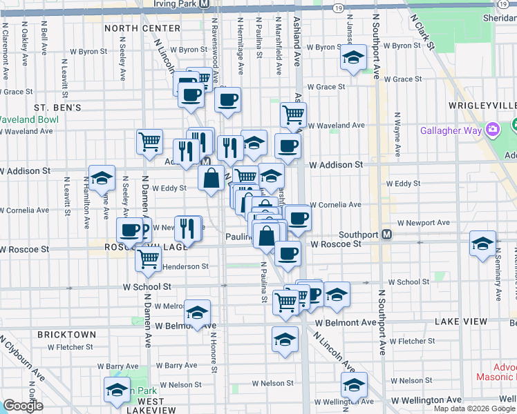 map of restaurants, bars, coffee shops, grocery stores, and more near 3441 North Lincoln Avenue in Chicago