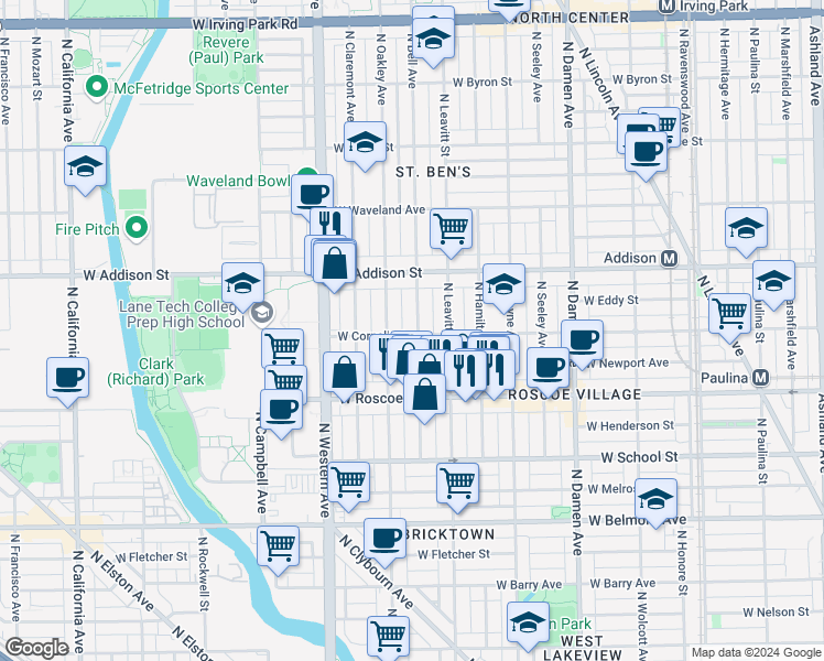 map of restaurants, bars, coffee shops, grocery stores, and more near 3445 North Oakley Avenue in Chicago