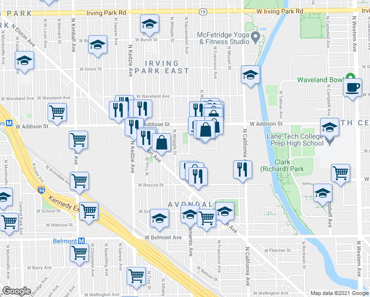 map of restaurants, bars, coffee shops, grocery stores, and more near 3012 West Newport Avenue in Chicago