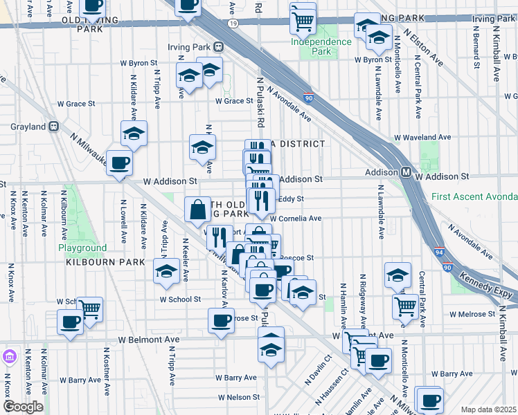 map of restaurants, bars, coffee shops, grocery stores, and more near 3460 North Pulaski Road in Chicago
