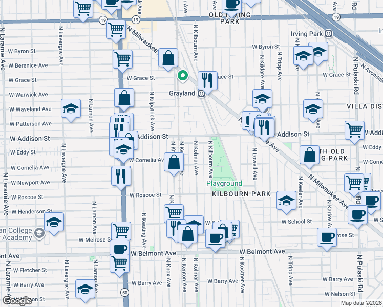 map of restaurants, bars, coffee shops, grocery stores, and more near 4540 West Cornelia Avenue in Chicago