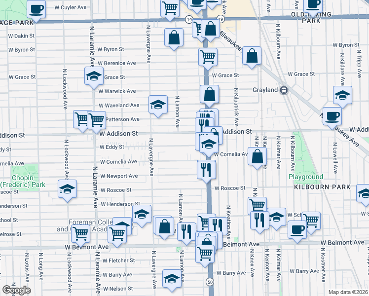 map of restaurants, bars, coffee shops, grocery stores, and more near 4834 West Cornelia Avenue in Chicago