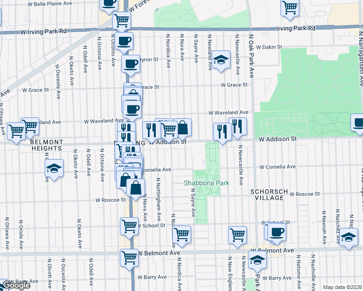 map of restaurants, bars, coffee shops, grocery stores, and more near 3536 North Nora Avenue in Chicago