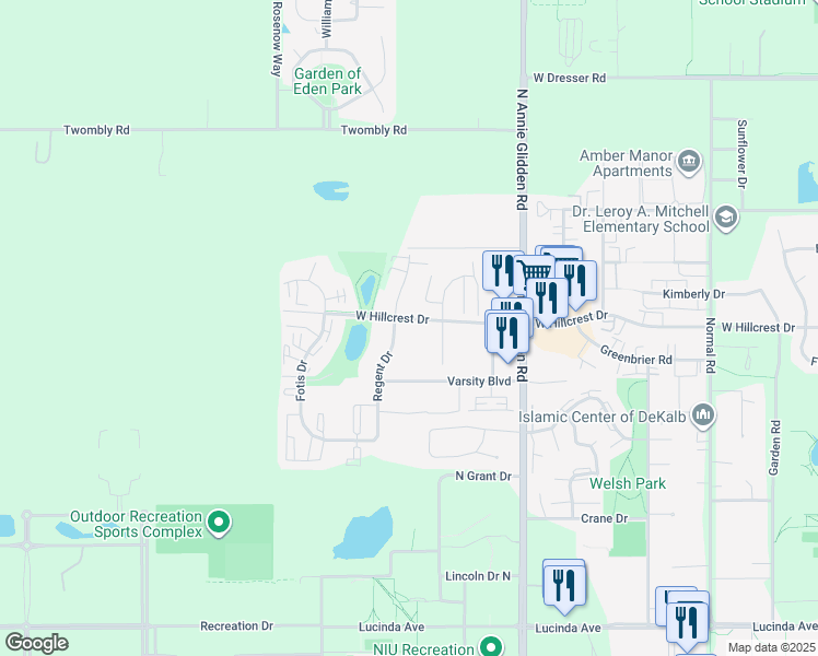 map of restaurants, bars, coffee shops, grocery stores, and more near 894 Regent Drive in DeKalb