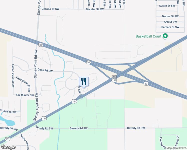 map of restaurants, bars, coffee shops, grocery stores, and more near 5710 Dean Road Southwest in Cedar Rapids