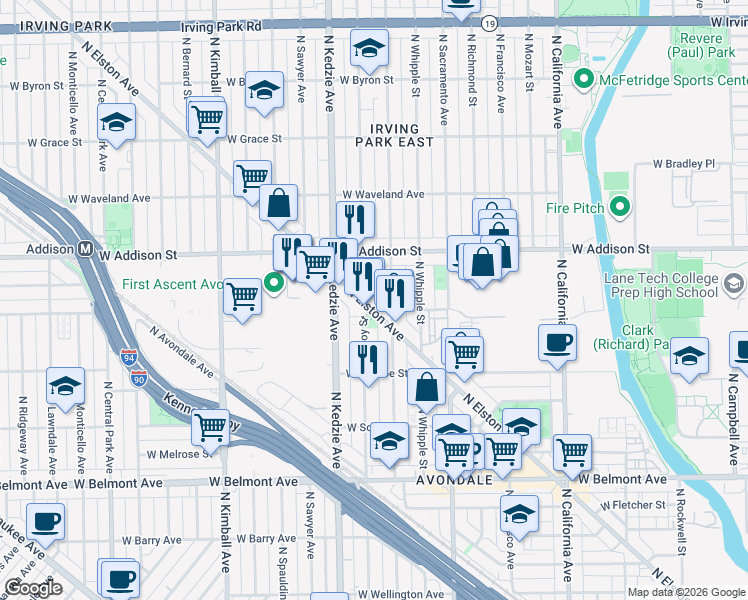 map of restaurants, bars, coffee shops, grocery stores, and more near 3451 North Troy Street in Chicago