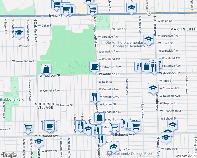 map of restaurants, bars, coffee shops, grocery stores, and more near 3523 North Narragansett Avenue in Chicago