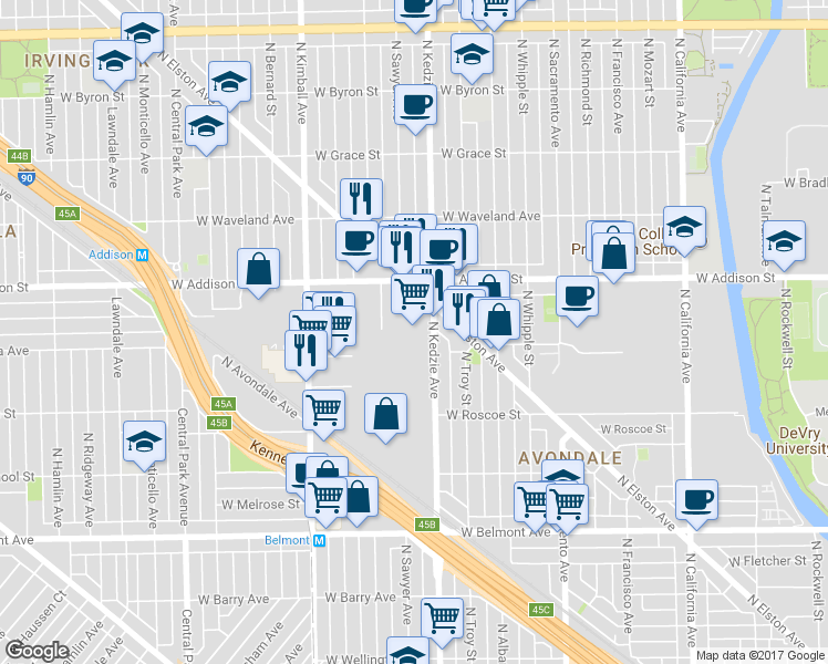map of restaurants, bars, coffee shops, grocery stores, and more near 3572 North Elston Avenue in Chicago