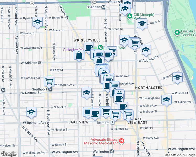 map of restaurants, bars, coffee shops, grocery stores, and more near 1045 West Cornelia Avenue in Chicago