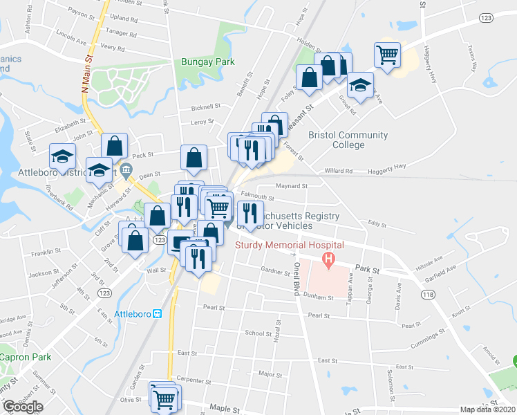 map of restaurants, bars, coffee shops, grocery stores, and more near 17 Holman Street in Attleboro