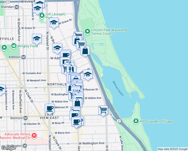 map of restaurants, bars, coffee shops, grocery stores, and more near 3450 North Lake Shore Drive in Chicago
