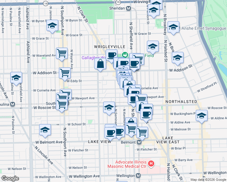 map of restaurants, bars, coffee shops, grocery stores, and more near 1108 West Newport Avenue in Chicago
