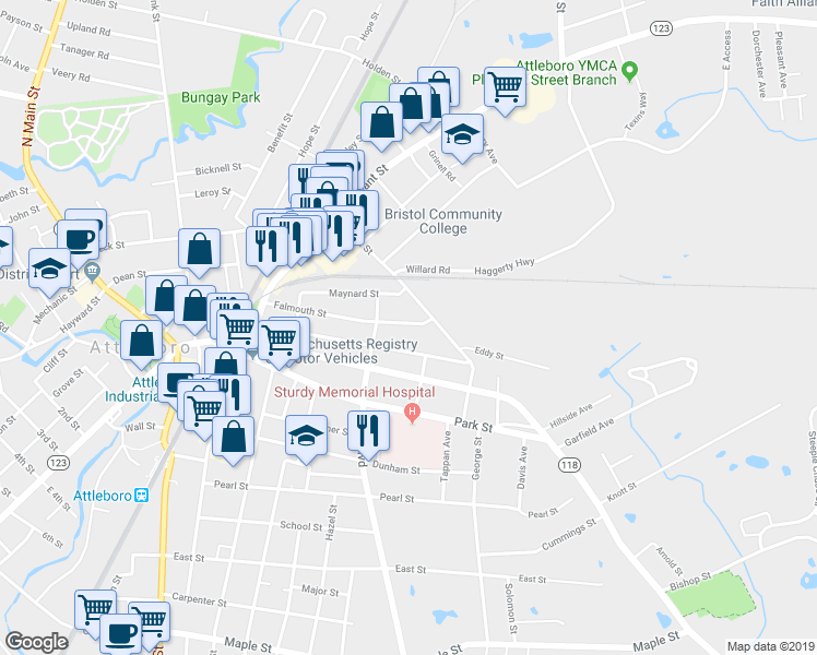 map of restaurants, bars, coffee shops, grocery stores, and more near 75 Falmouth Street in Attleboro