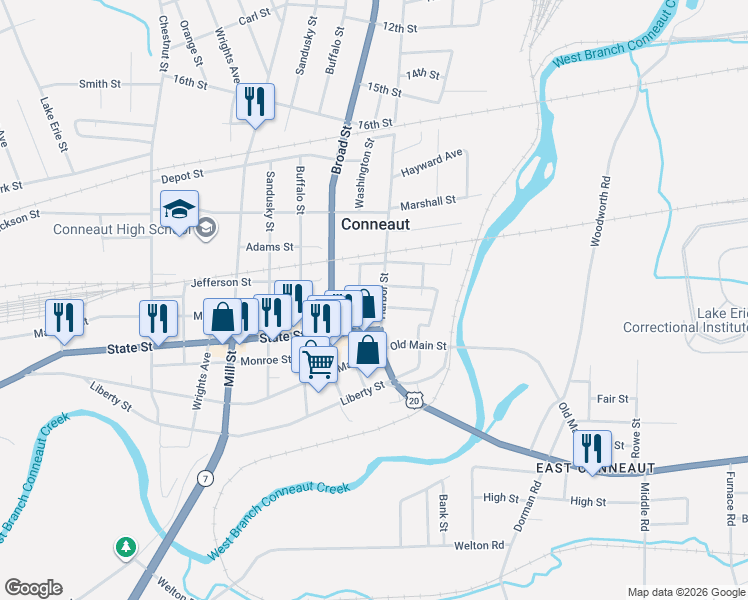 map of restaurants, bars, coffee shops, grocery stores, and more near 220 State Street in Conneaut